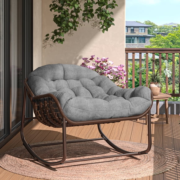 Gaderth Outdoor Papasan Rocking Chair, Oversized Wicker Lounge Chair With Cushion and Metal Frame, Patio Rattan Egg Rocker for Balcony, Backyard, Porch, Bedroom, Indoor Outdoor Seating