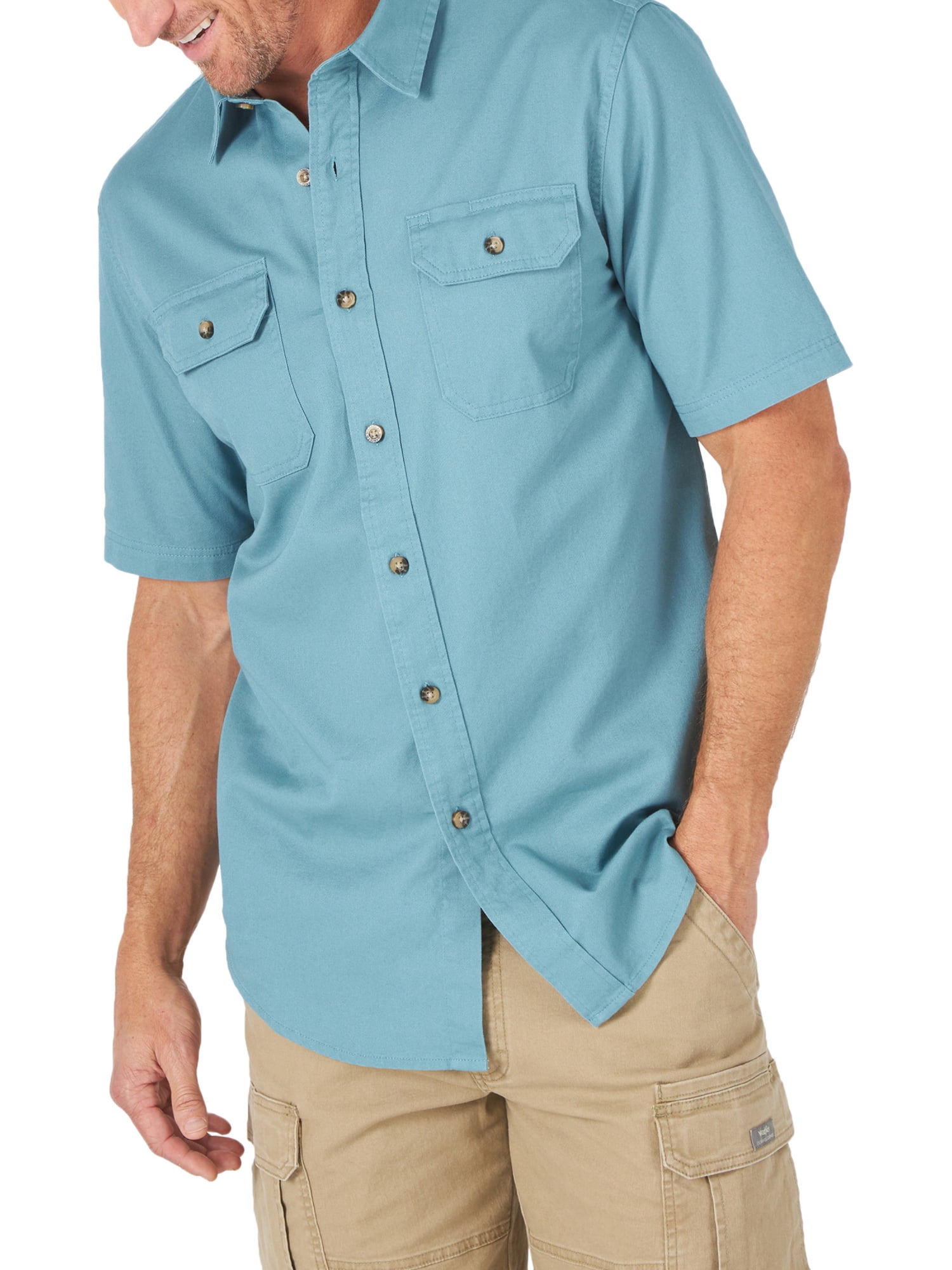 WRANGLER Mens AQUA Seafoam Blue Relaxed Fit Flex Button Down SS Shirt L XL NWT