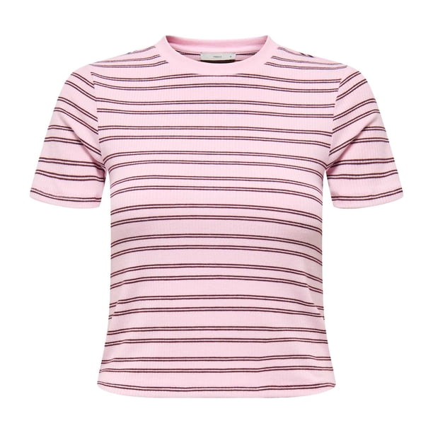 ONLY Camiseta de mujer - ONLLUPE STRIPE TEE, manga corta, cuello redondo, corte ajustado, rayas Rosa/Rojo XS (X-Small)