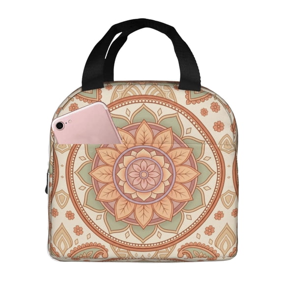 Boho Insulated Lunch Bag Bohemian Mandala Reusable Cooler Tote With Front Pocket Handheld Meal Prep Bag For Work Office Picnic Travel Ethnic Print