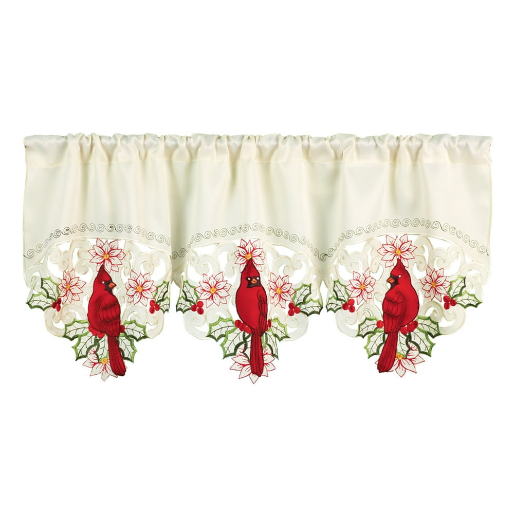 Christmas Embroidered Cardinal Rod Pocket Window Valance, MultiColored