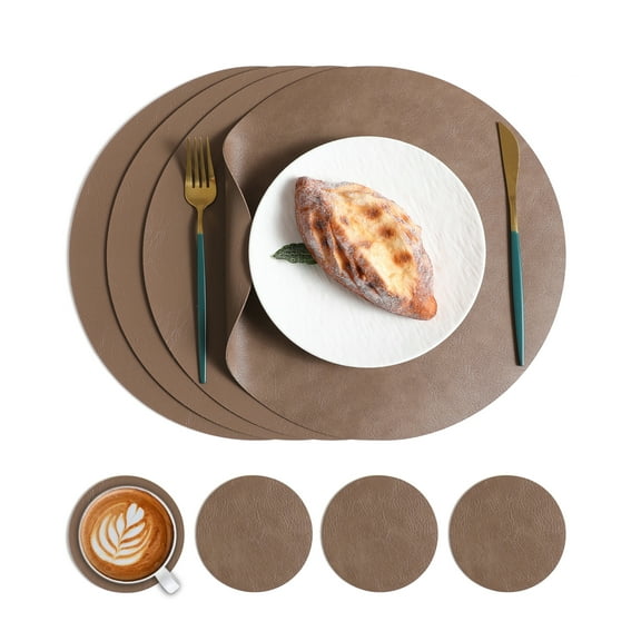 XmhyTop-A 8-Pack Round Placemats and Coasters Set, 33x33cm Non-Slip Wipeable Faux Leather Place Mats for Kitchen Dining Table,Style B,Dark Brown
