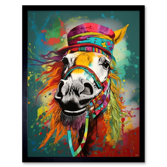 Hippie Horse with Multicoloured Hat and Bridles Art Print Framed Poster Wall Decor 12x16 inch