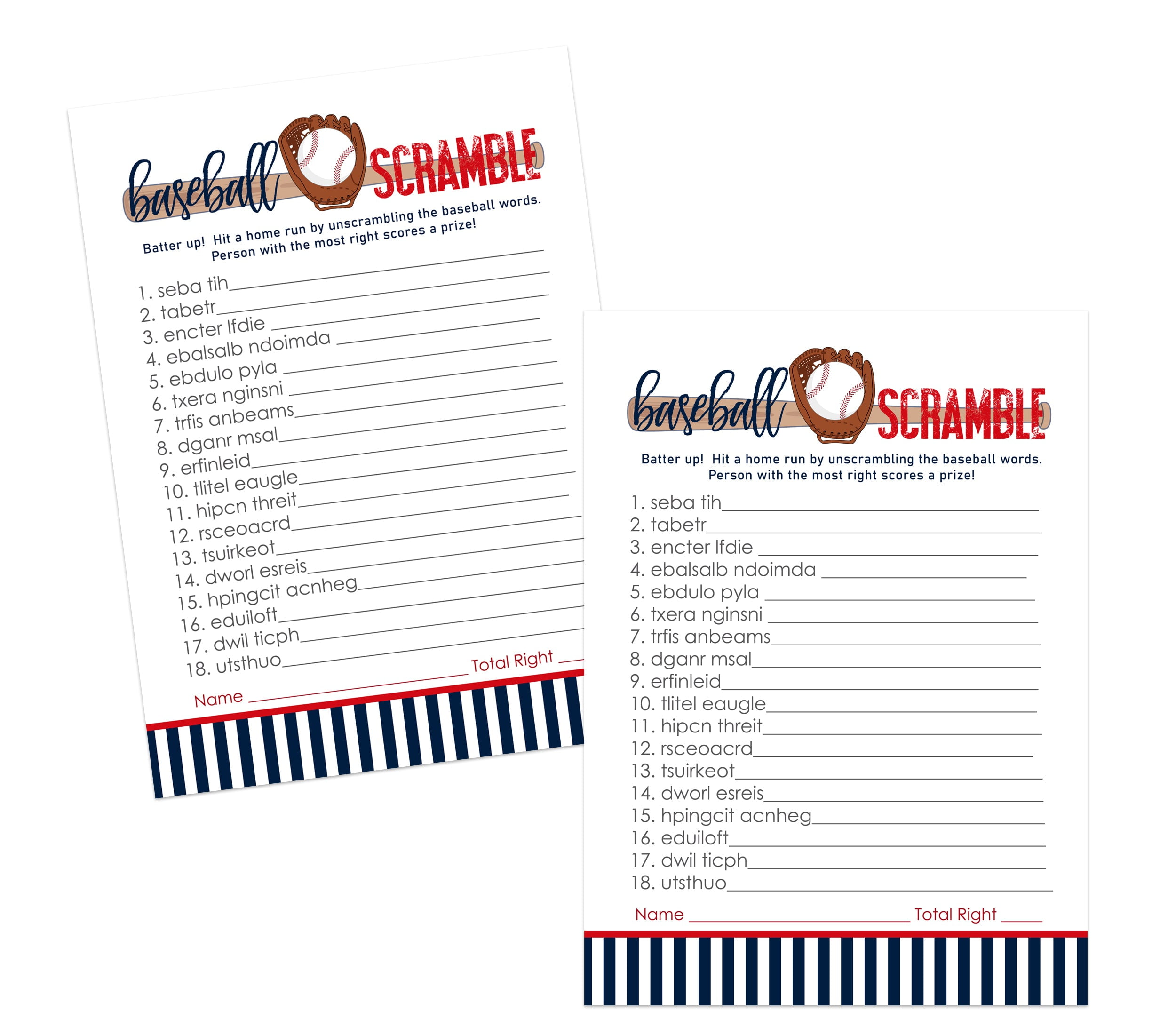 Baseball Word Scramble Baby Shower Game Cards 25 Pack Unscramble Cards Gender Reveal  -  Sports Events Little MVP Theme Red Blue - 5 x 7 Size Set - Paper Clever Party