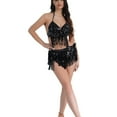 thumbnail image 2 of Pitauce Women's Shiny Sequin Belly Latin Tassel Dance Dress Halter Bras Top Fringe Skirt 2 Piece Outfits Spaghetti Straps Dance Party Dress, 2 of 4