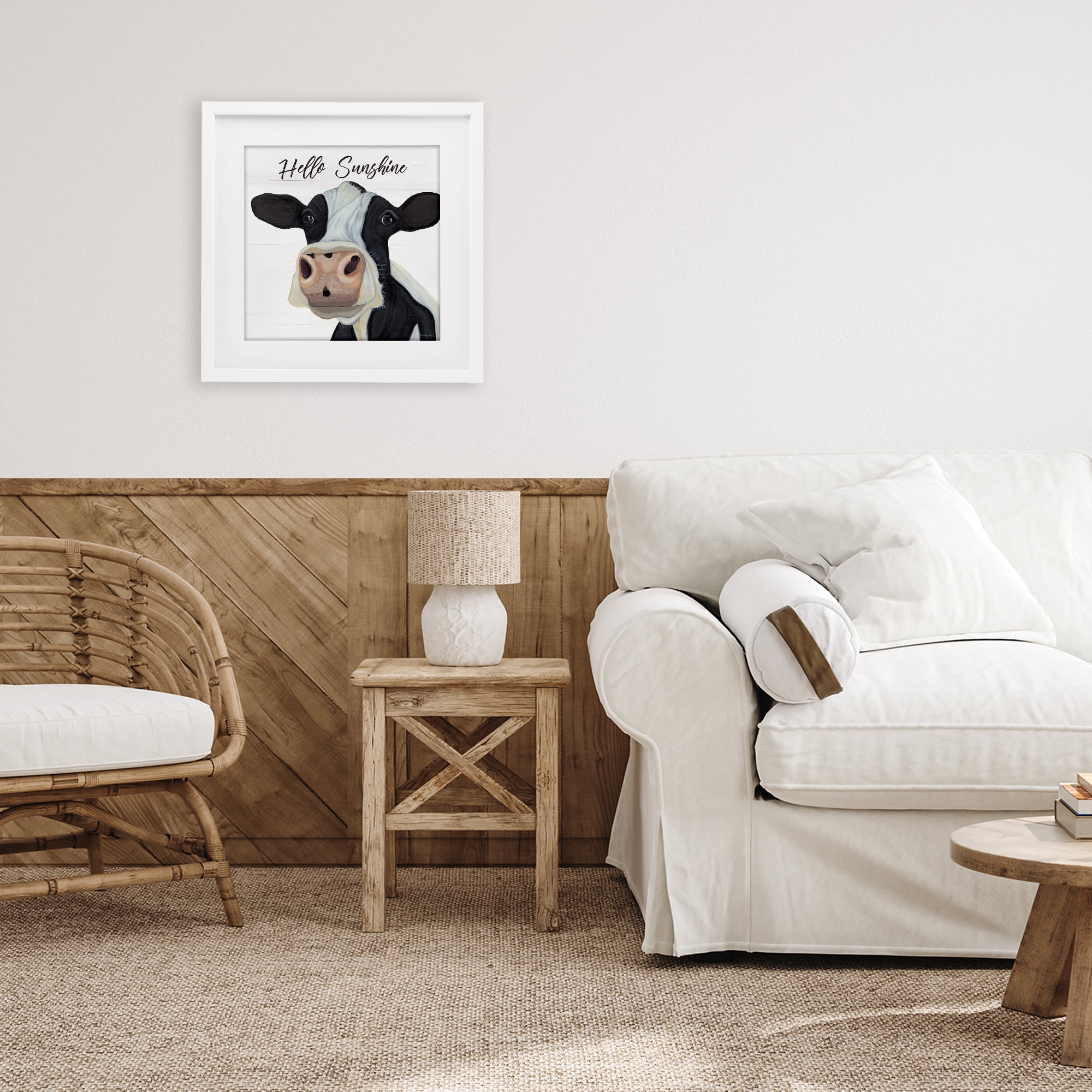 Stupell Industries Hello Sunshine Country Cow White Framed Print Under Glass, design by Ashley Justice