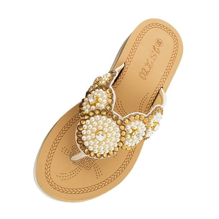 

GWAABD Womens House Shoes Slippers Women s New Flower Pearl Sandals foreign Trade Large Size Sandals