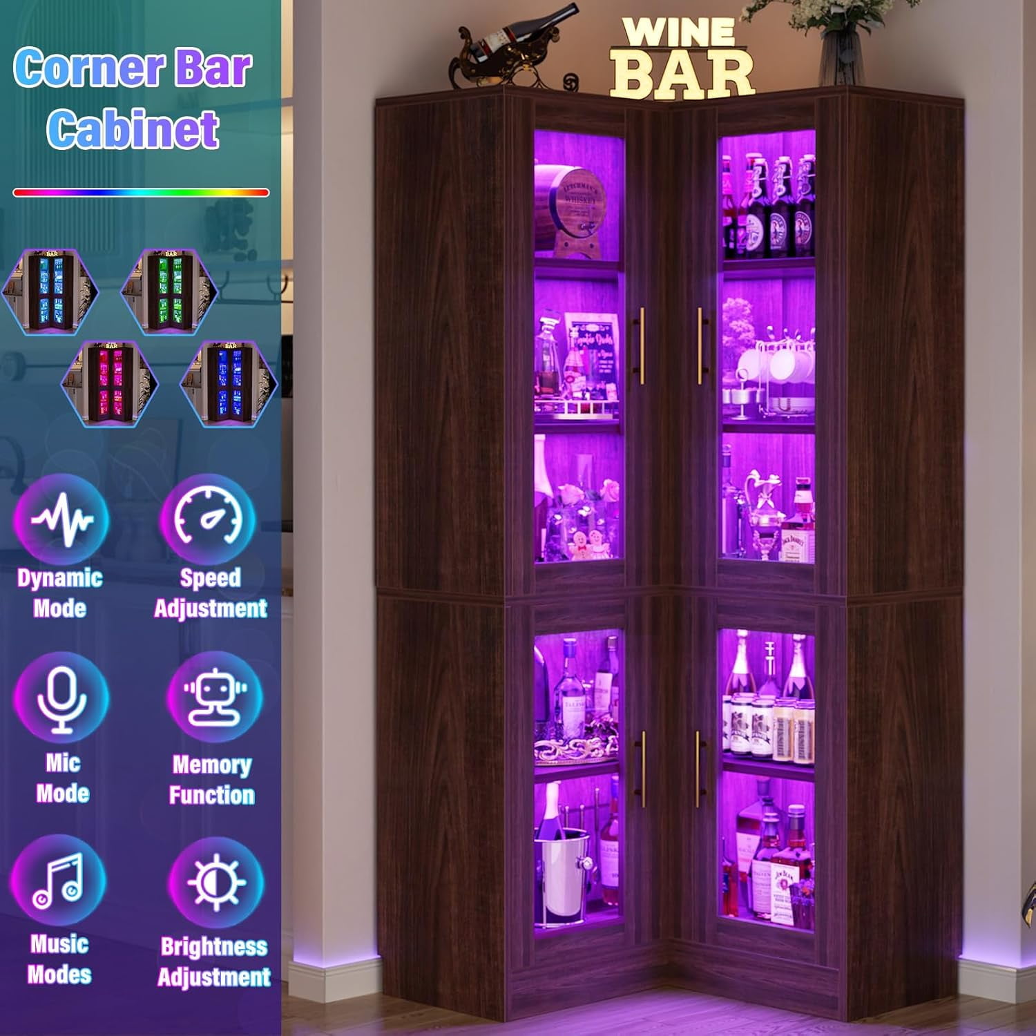 Homieasy 70'' Tall Corner Pantry Cabinet, L Shaped Kitchen Hutch Cabinet with LED Lights, Glass Doors & Adjustable Shelves, Storage Cabinet for Dining, Kitchen, Closet, Walnut