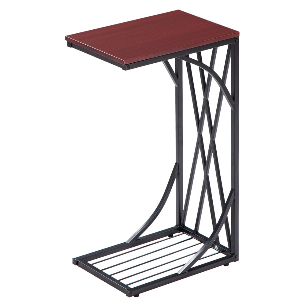 C Shaped Side Table, End Table, Walnut-Finish Top Snack Tables for Living Room, Bedroom, Dining Room Furniture, Brown