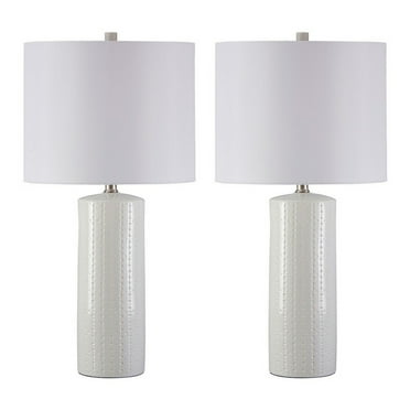 Carved Ceramic Base Table Lamp with Drum Shade Set of 2 White - Saltoro Sherpi