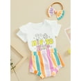 thumbnail image 3 of Suealasg Newborn Girl 3Pcs Easter Outfits Short Sleeve Crew Neck Letters Print Romper Top Striped Shorts Headband 0-18 Months	Infant Baby Girl Summer Clothes, 3 of 9