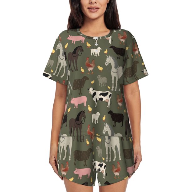 Balery Farm Animals Conjunto de Pijama para Mujer con Estampado, Dos Piezas de Manga Corta y Shorts, Ropa de Dormir Suave con Cuello Redondo y Bolsillos-4X-Large
