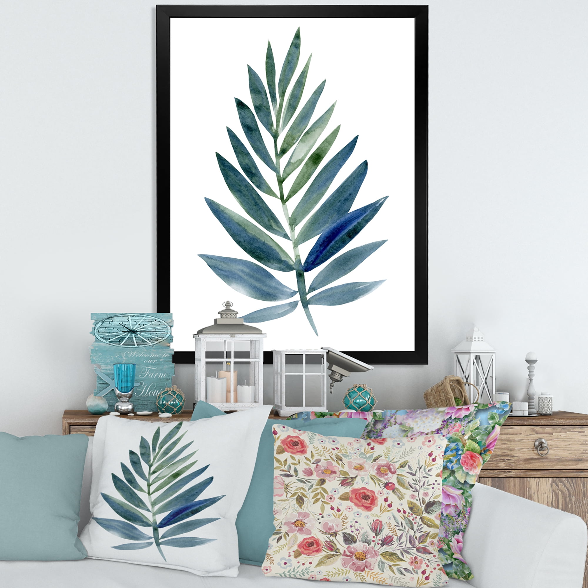 Designart 'Tropical Green Leaf On White' Farmhouse Framed Art Print