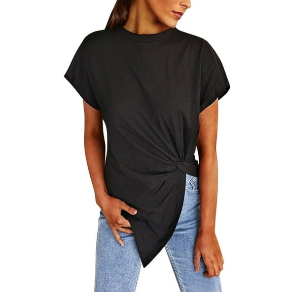 TYGHBN Women Summer Solid Color Top Knotted Asymmetrical Round Neck Knotted Short Sleeve T Shirt Short Sleeve T Shirt Ladies Long Sleeve T Shirts Long Sleeve T Shirt Tee Shirks for Women Burnout Tee