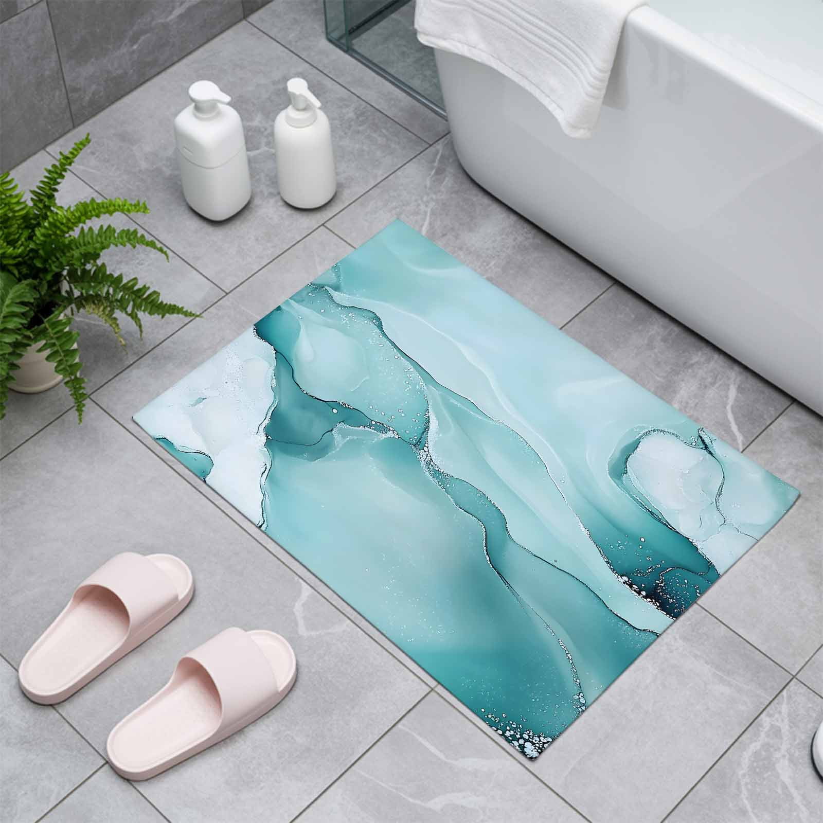 Turquoise Marble Indoor Door Mat - 16"x24", Non-Slip Welcome Mat for Outdoor, Modern Abstract Art Texture Watercolor Front Doormat for Entry, Low-Profile Doormat Entrance Rug for Kitchen/Bathroom
