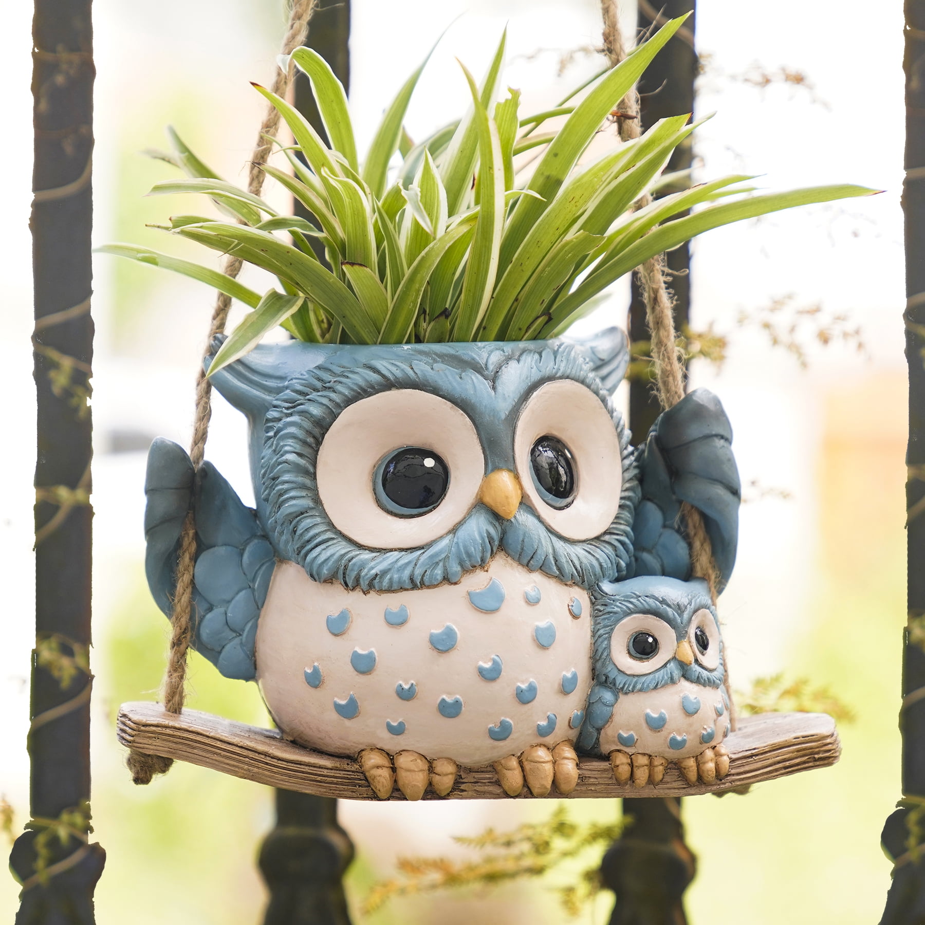 Quoowiit 4.72" H Owl Hanging Planter, Round Resin Succulent Pot with Drainage Holes, Animal Print Indoor Outdoor Decor