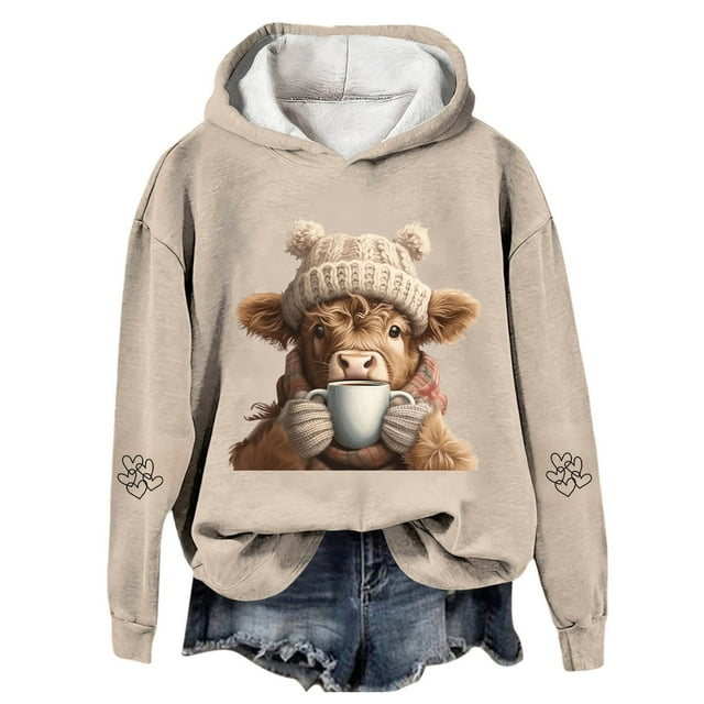 Chandail en Molleton Grande Taille, Chandail à Capuchon Imprimé Vache, Chandail Graphique Western Festif pour un Style de Vacances, Chandail en Molleton Col Rond pour Femmes, Taille : TTG