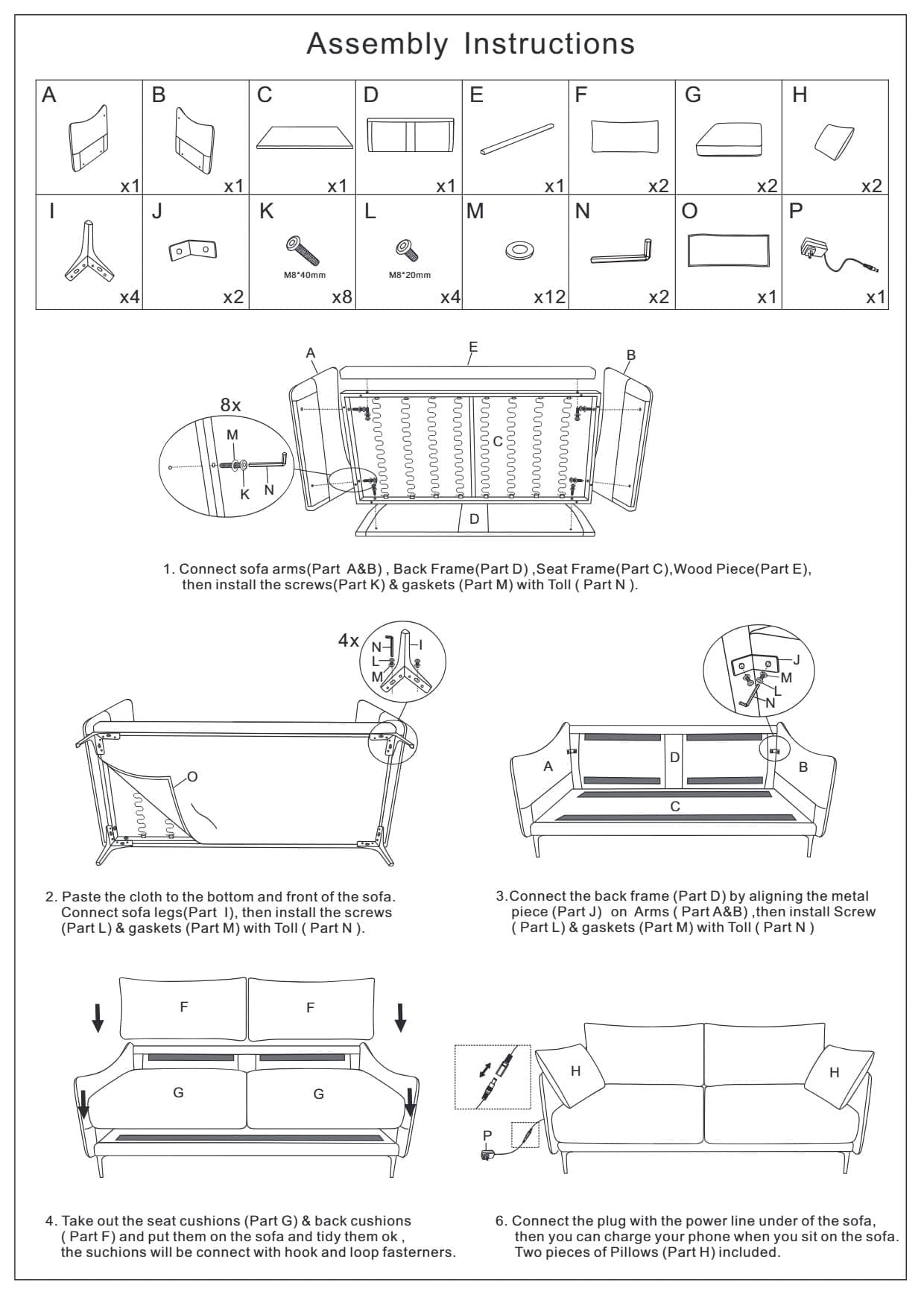MAYEERTY Modern Loveseat for Living Room with 2 Pillows, USB Charging Ports and Waterproof Fabric, 53"L Gray