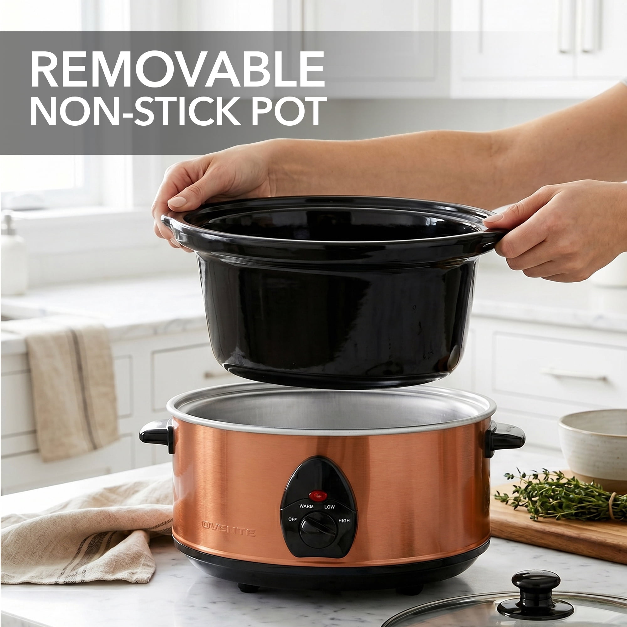 OVENTE Electric Slow Cooker with 3 Cooking Settings Non-Stick and Dishwasher Safe Stoneware, Stainless Steel Body, Glass Lid, 3.7 Qt Oval Pot for Entrees, Soups, Sauces, Stews & Dips, Copper SLO35ACO
