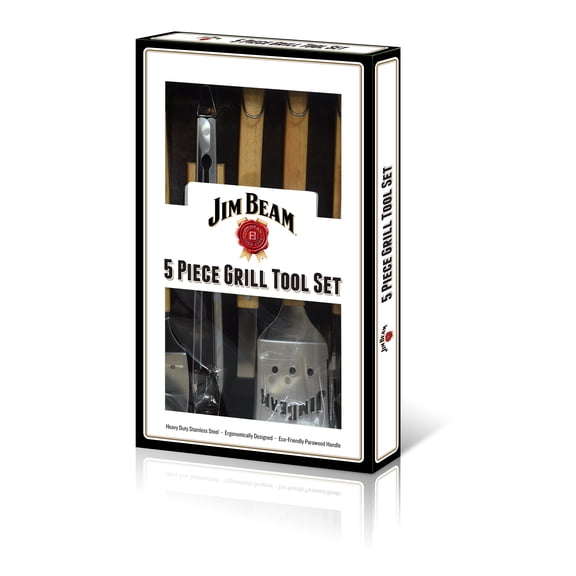 Jim Beam 5-Piece Barbecue and Grilling Tool Set, Heavy Duty Construction, Stainless Steel Tools, Parawood Handles