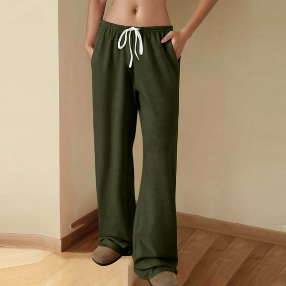 Roncen Women's Solid Wide Leg Jogger Pants - Sporty Casual Elastic Waist Trousers with Drawstring & Pockets