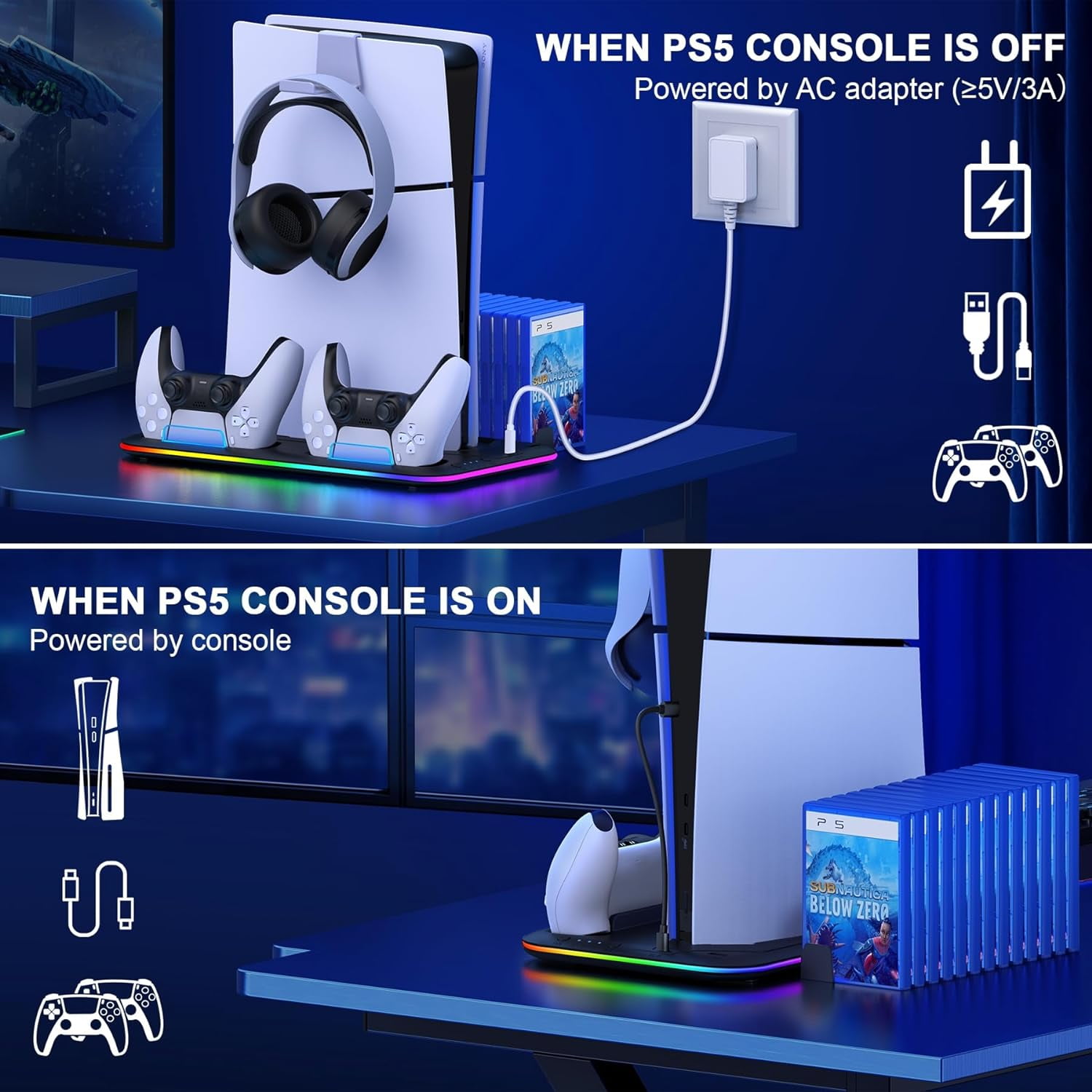 PS5 Slim Stand and Turbo Cooling Station with Controller Charging Station for Playsation 5, PS5 Accessories Incl. 3 Levels Cooling Fan, RGB Light, 15 Game Storage, Headset Holder for PS5 Digital/Disc
