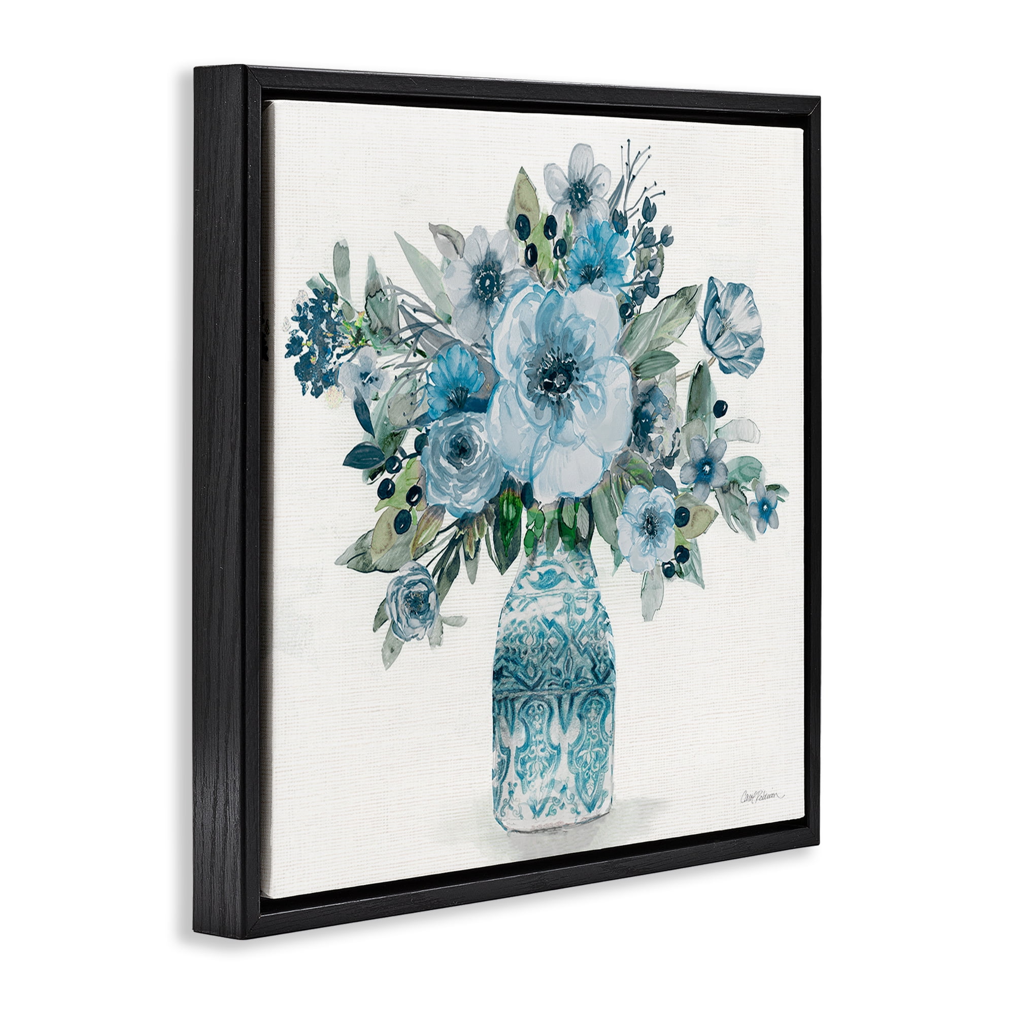 Stupell Industries Pastel Blue Botanical Bouquet Black Framed Floater Canvas Wall Art, design by Carol Robinson