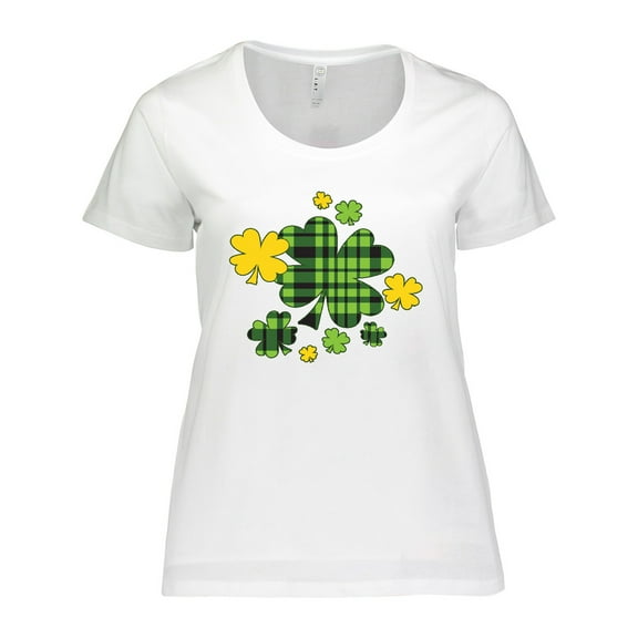 Inktastic St. Patrick's Day Plaid Green and Yellow Shamrocks Women's Plus Size T-Shirt