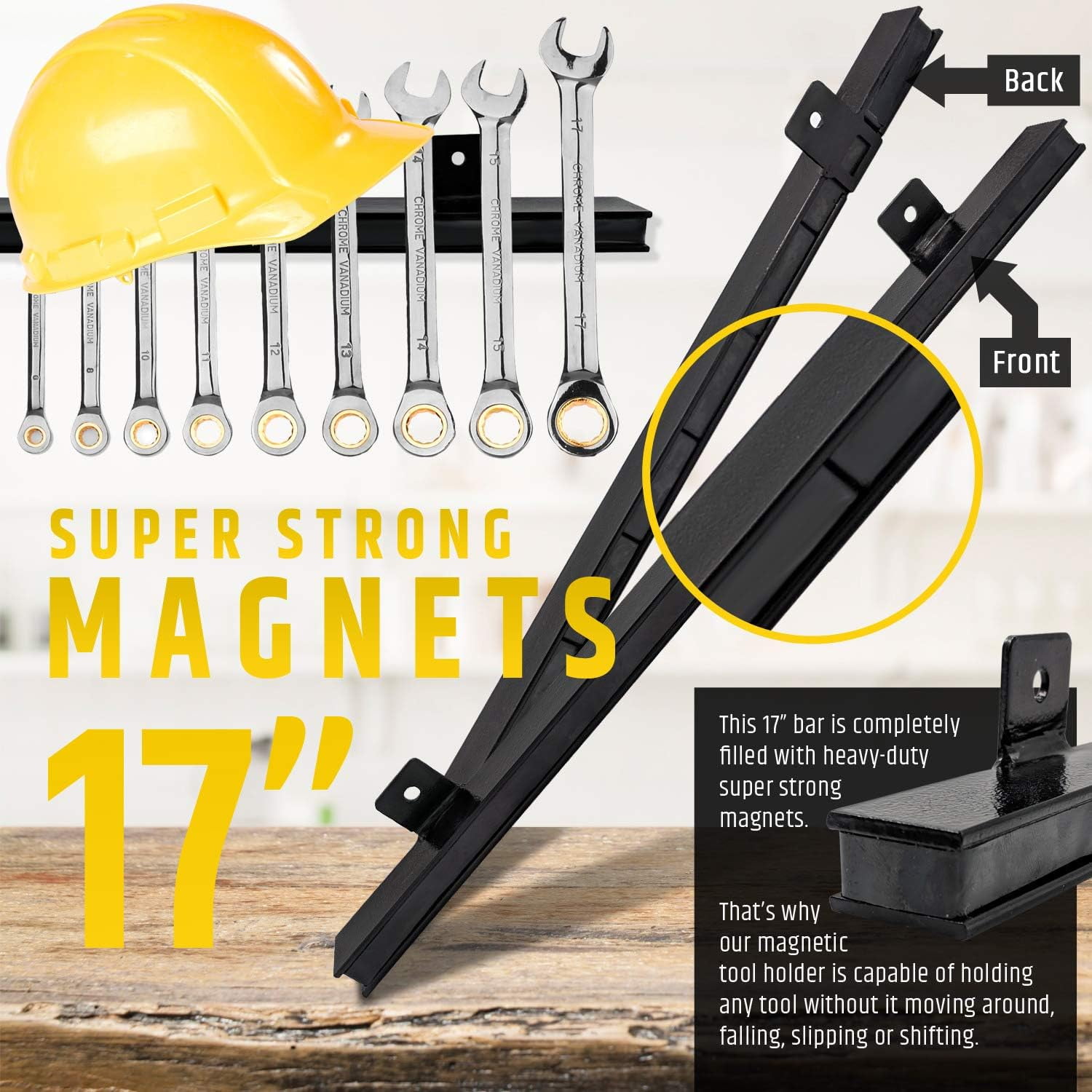 HMMAGNETS 17" Heavy-Duty Magnetic Tool Holder & Garage Tool Organizer, Steel Wall-Mount Magnet Bar