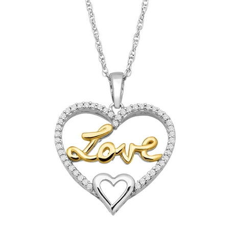 Duet 1/8 ct Diamond 'Love' Script Pendant Necklace in Sterling Silver & 10kt Gold