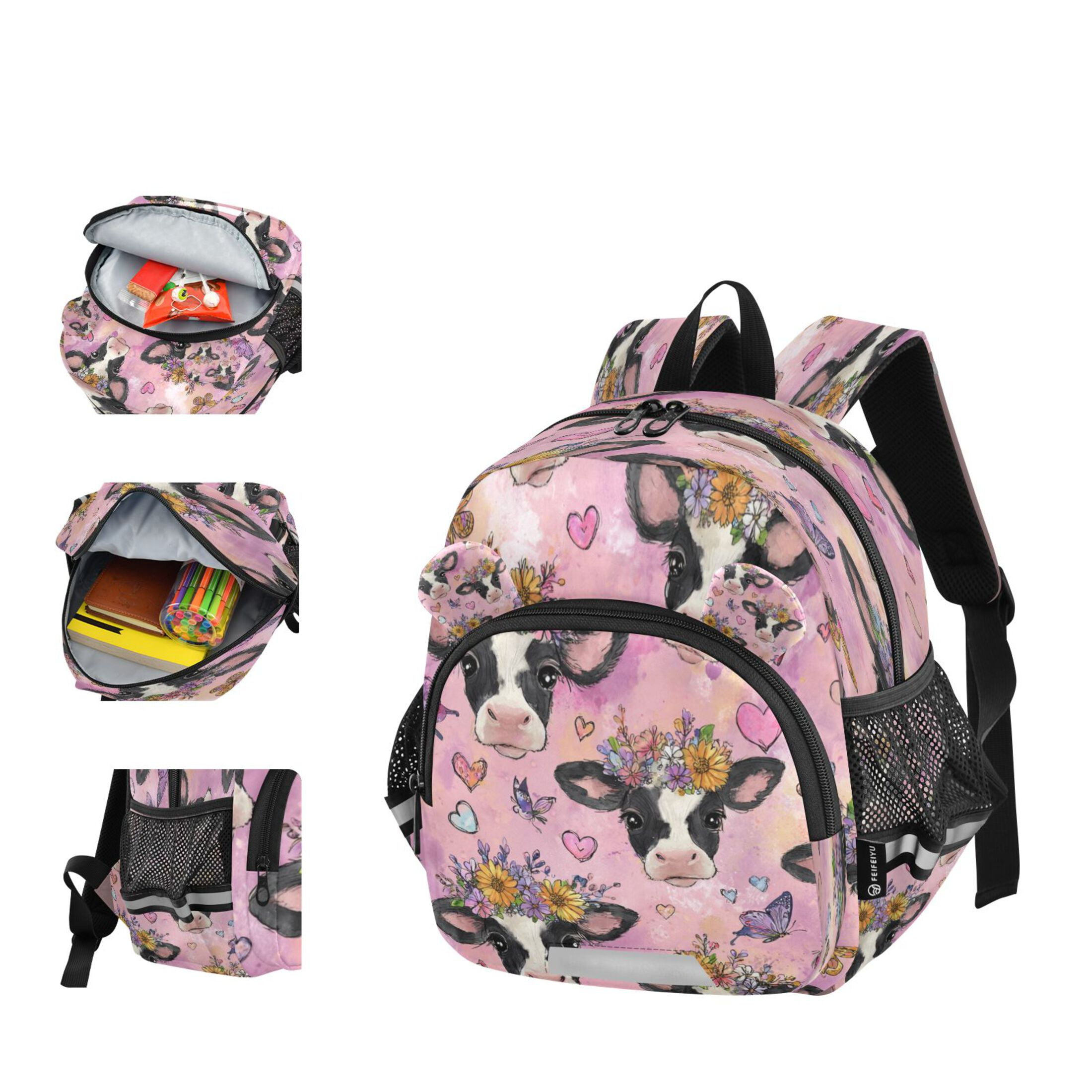 RMDQTR Adorable Ear-Print Backpack with Reflective Strip and Anti-Lost Leash Adjustable Shoulder Straps Mini Travel Backpack Beautiful Cows with Flowers