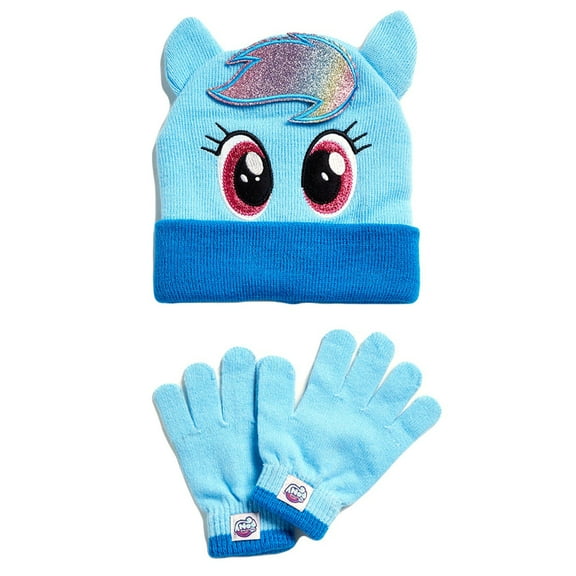 My Little Pony Girl's Age 4-6 Glitter Rainbow Two-Piece Hat & Gloves Set (Blue)