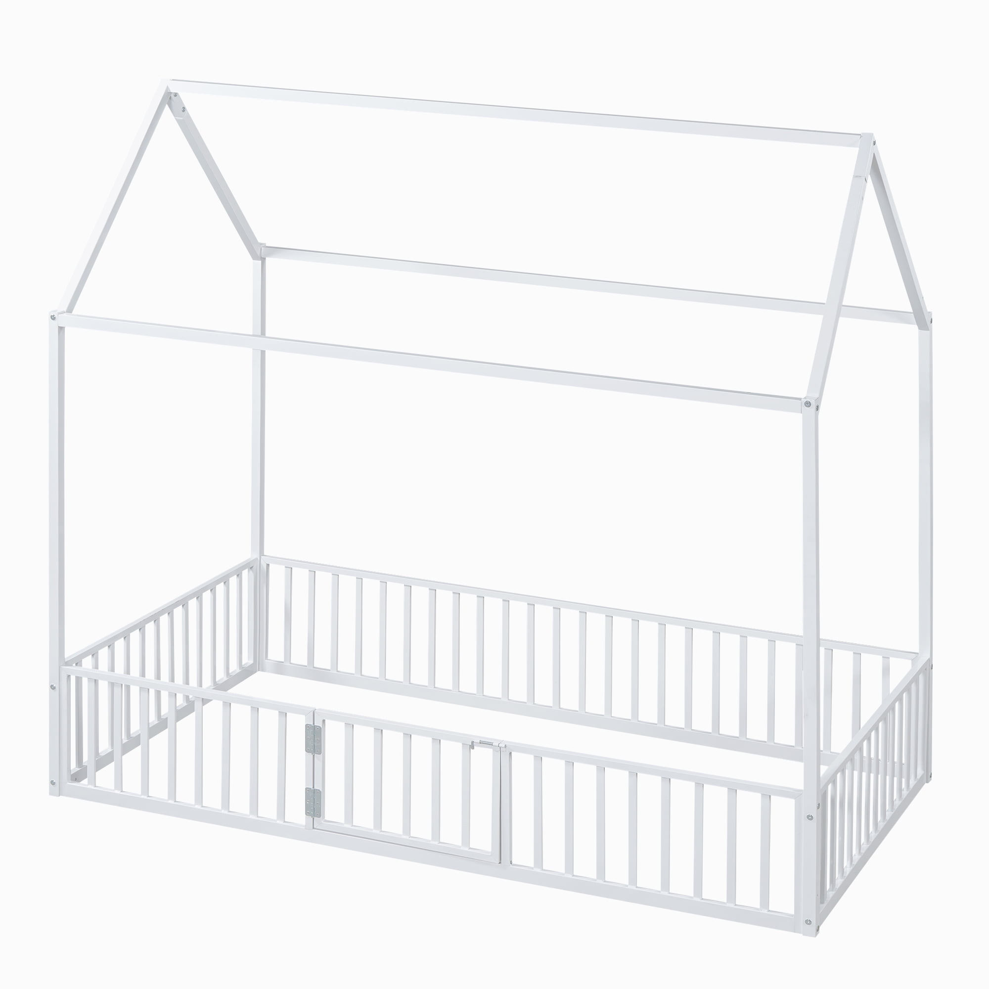 Euroco Metal Twin Size House Bed with Fence and Door for Kids, White