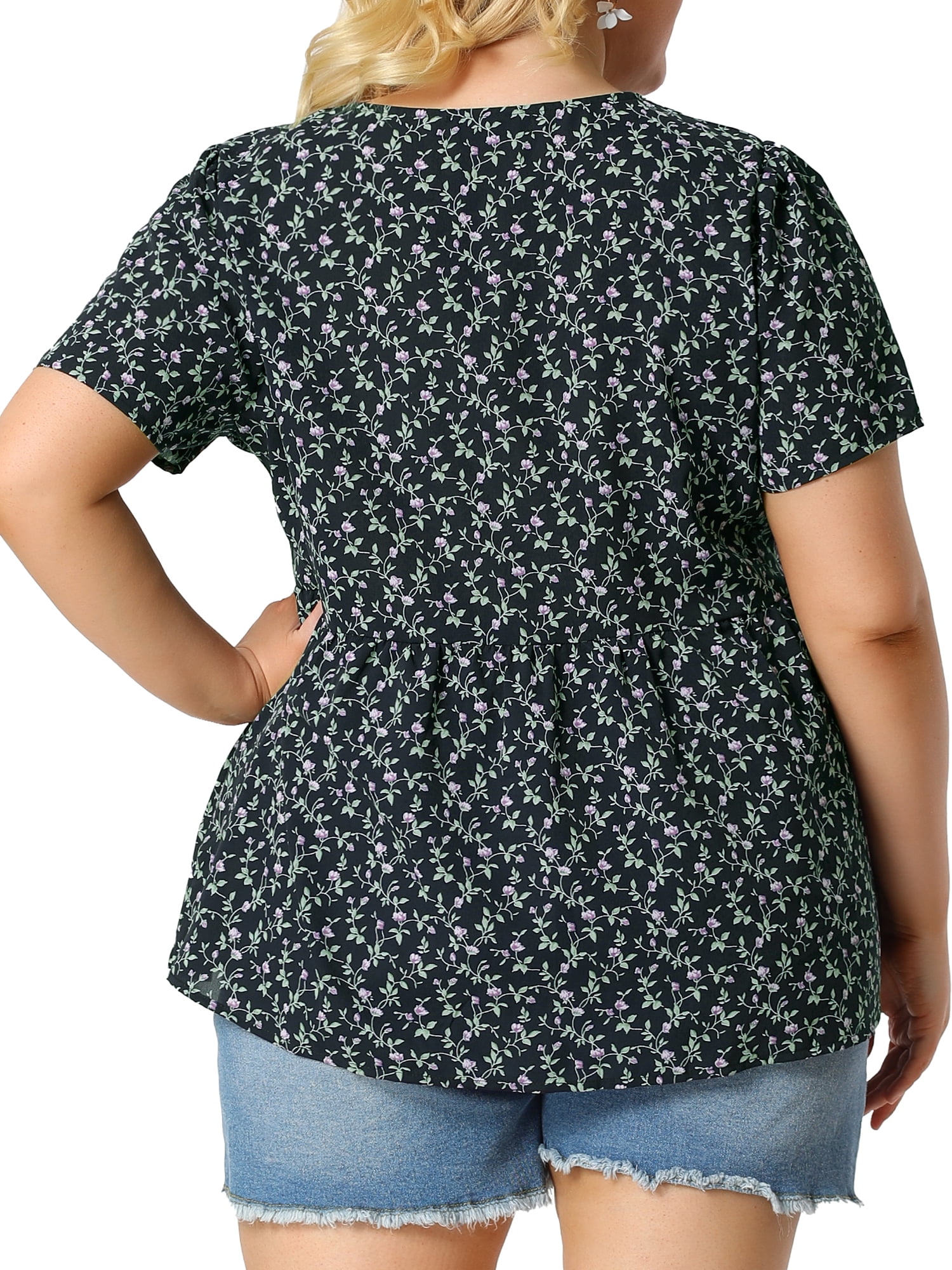 Unique Bargains Juniors' Plus Size V Neck Ruffle Hem Cinched Waist Floral Peplum Top 1X Navy