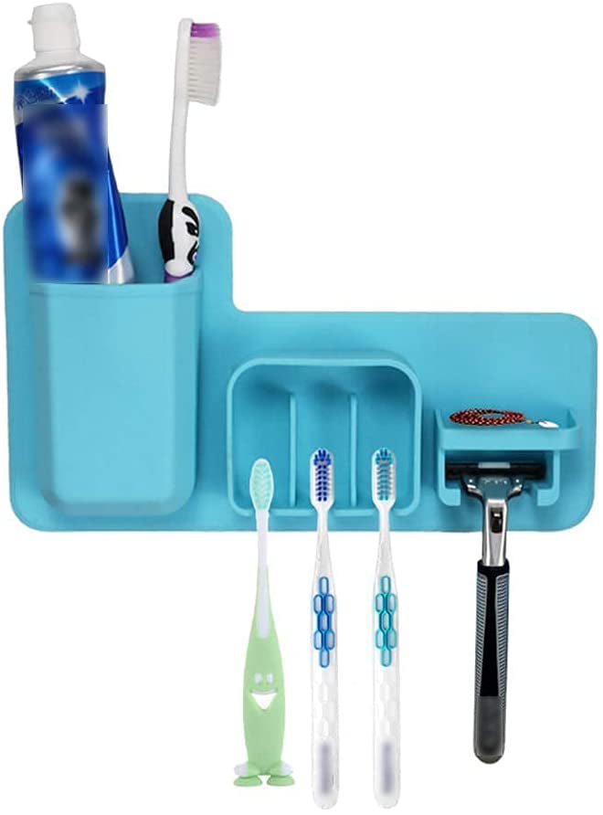 Blue Silicone Toothbrush Holder Organizer Wall Mounted 