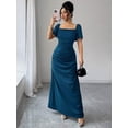 thumbnail image 3 of Teal Blue Elegant Fitted Square Neck Short Sleeve Maxi Dress For Women, 3 of 6