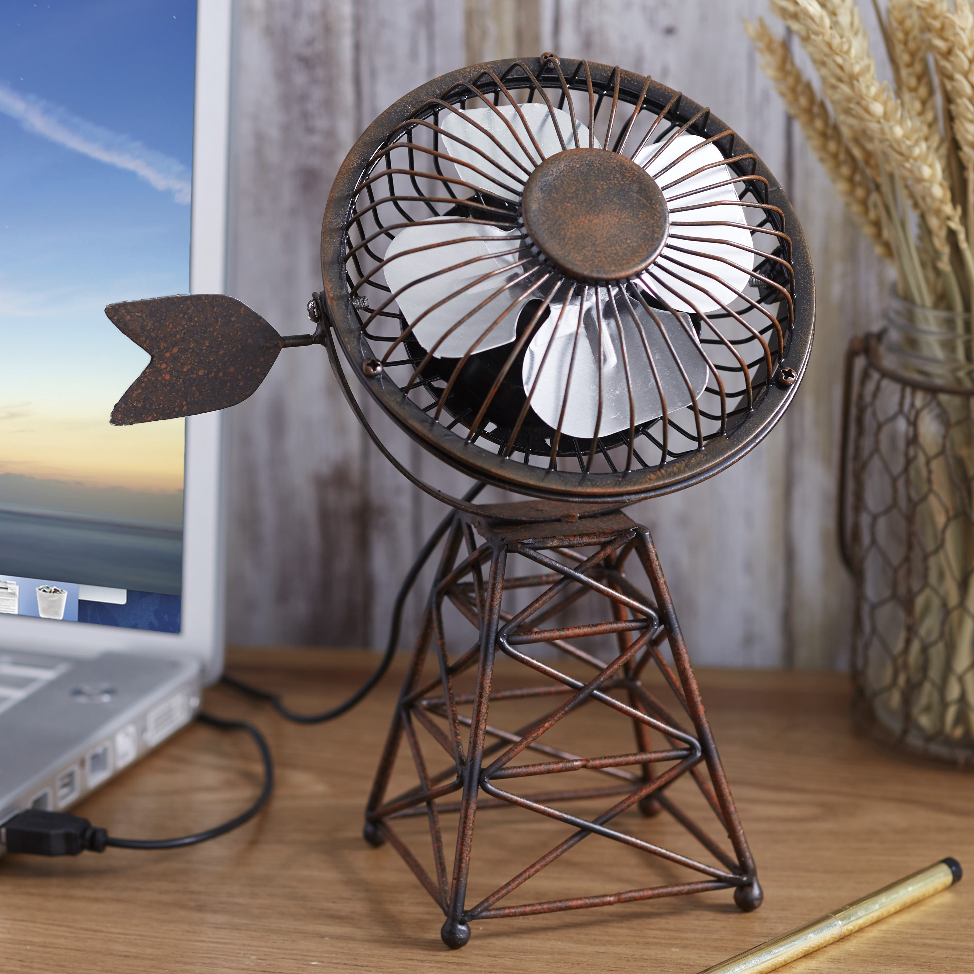 Rustic Farmhouse Appeal Desk Accessory Windmill Themed USB Desktop Fan