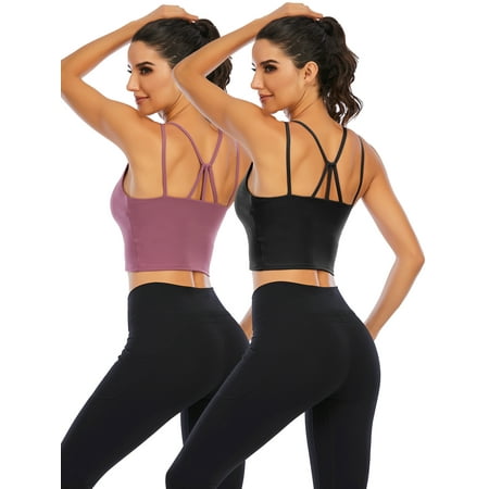 

2 Pack Women s Sport Bra Strappy Back Yoga Tops Running Workout T-Shirt Sports Underwear Inner Chest Pad Sling Tube Top Vest