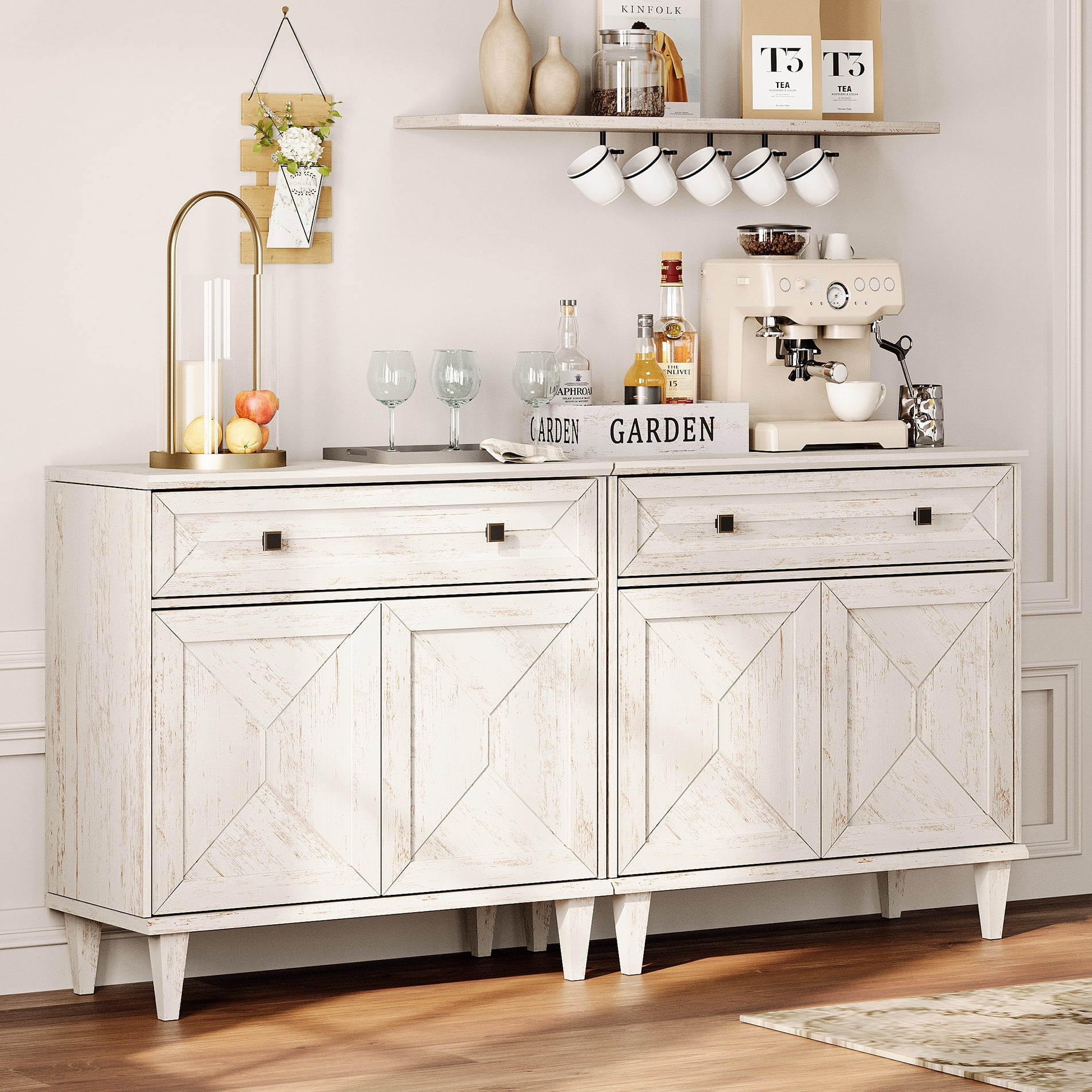 WAMPAT Handmade Patchwork Set of 2 Buffet Cabinets, White
