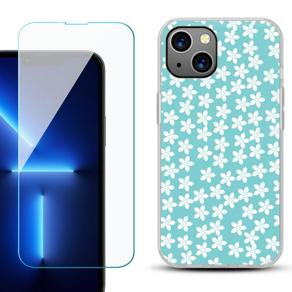 Slim-Fit TPU Phone Case for iPhone 14 Plus, with Tempered Glass Screen Protector, by OneToughShield ® - Flower/Teal