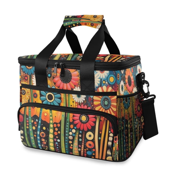 FORMRS Insulated Cooler Bag 24 Cans Capacity Soft Leakproof Lunch Box with Side Pockets, Red Colorful Flowers with Dots