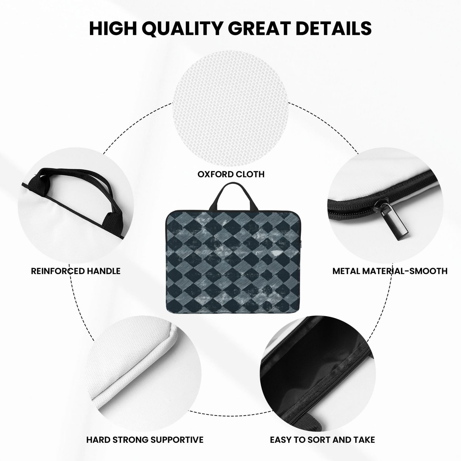 Laptop Sleeve Bag For Women Men 14inch Waterproof Durable Protective Computer Carrying Cover Handle Laptop Case Bag Darkslateblue Houndstooth Vintage Texture Hand-Drawn Sketch_3