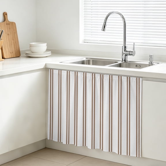 Oatmeal Ticking Stripe Cabinet Curtains for Kitchen 11"W x 13"L, Minimalist Vertical Lines White Vanity Cabinet Curtains Magic Tape Short Curtain Decor Privacy Panel for Bathroom Laundry