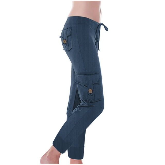 Yuyuzo Leggings for Women Drawstring Low Waisted Cargo Pants Ankle Length Ribbed Knit Workout Tights with Flap Pockets