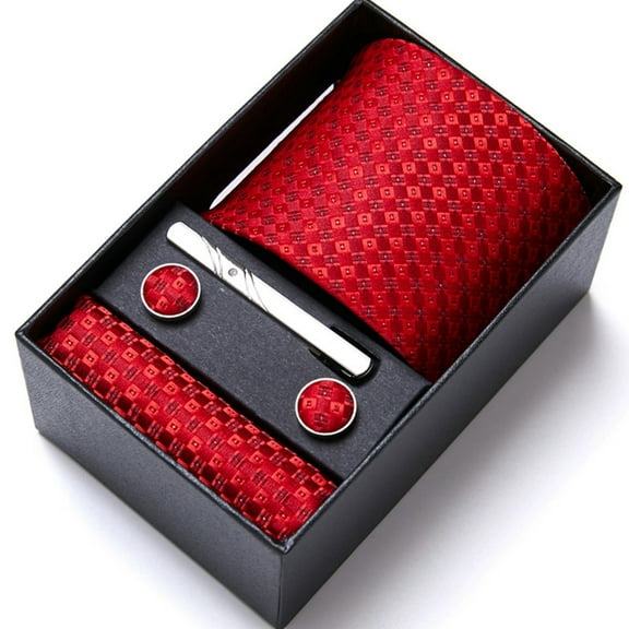 Men Tie Set Polyester Silk Tie with Clip Cufflinks Handkerchief for Formal Business Banquet Red