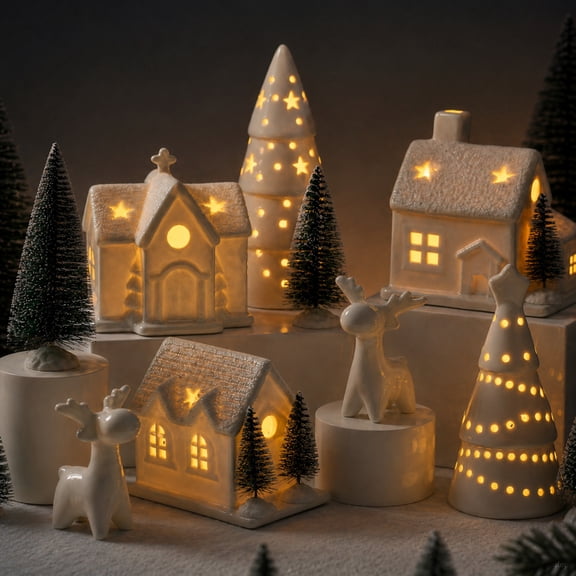 Wanchiy 12-ieces White Ceramic Illuminated Christmas Village Set, Warm Light Mini Houses Trees Reindeer for Winter Holiday Xmas Decor
