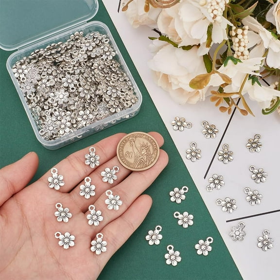 100Pcs Little Flowers Charms Tibetan Style Alloy Charms 14mm Metal Vintage Cute Pendants Antique Silver Small Flower Pendants for DIY Bracelet Necklace Jewelry Making