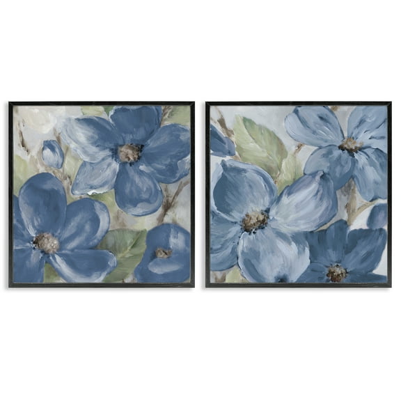 Stupell Industries Blue Blooming Petals Plants & Flowers Painting Black Framed Art Print Wall Art, 12 x 12, Set of 2