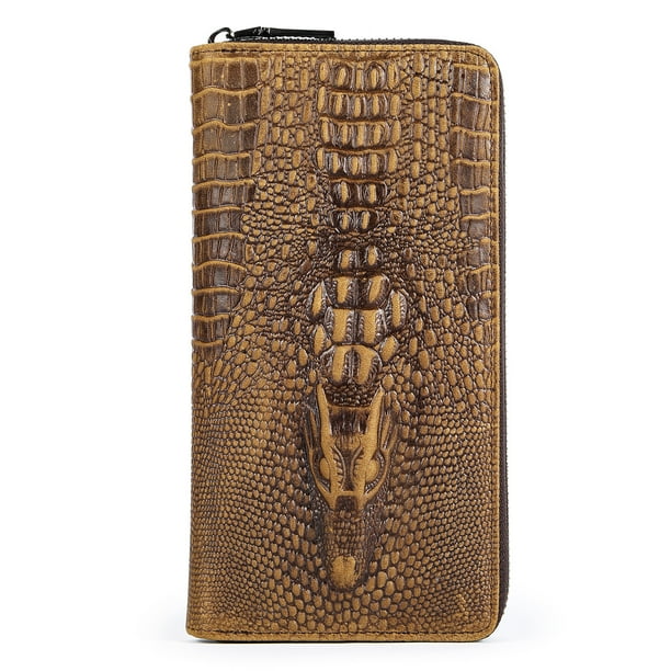 Cartera larga para hombre de piel auténtica con estampado de cocodrilo, tarjetero para negocios, cartera de mano de piel de vaca de capa superior para hombre