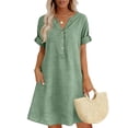 thumbnail image 3 of 2026 Summer Womens Dress Cotton Linen V-Neck Pockets Solid Half Sleeve Knee-Length Dress, 3 of 7